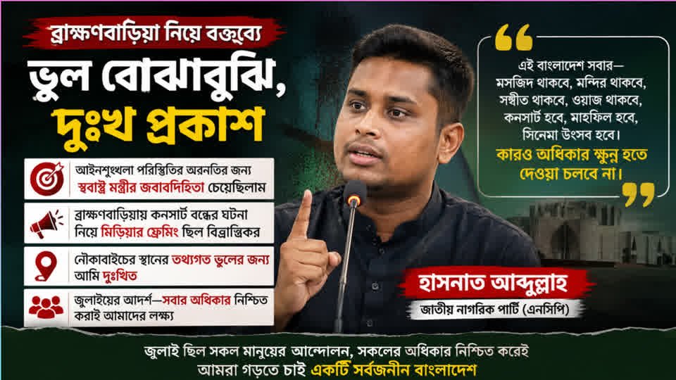 ব্রাহ্মণবাড়িয়া নিয়ে বক্তব্যে ভুল বোঝাবুঝি, দুঃখ প্রকাশ